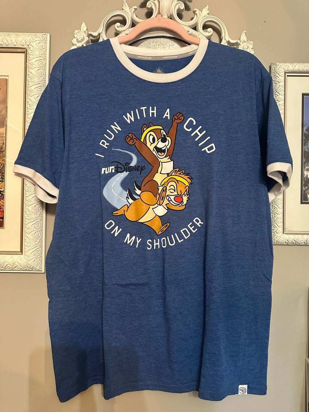 runDisney Chip and Dale I Run With a Chip on My Shoulder Blue Ringer T Size L